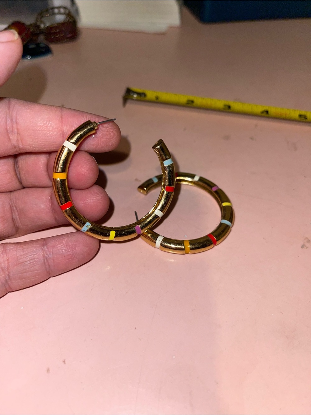 Gold Hoop Earrings with Multicolor Enamel Inlay